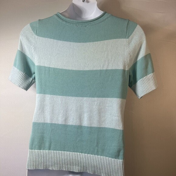 Pendleton Womens Sweater LARGE Short Sleeve Blue Green Striped Pockets READ - Picture 2 of 13